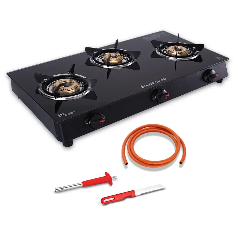 Zest Neo 3-Burner Gas Stove – Premium Glass Top, Brass Burners, Isi Certified 1